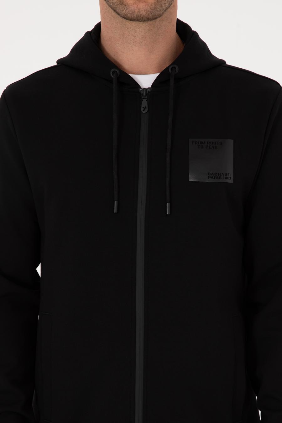 Siyah Regular Fit Pamuk Karışımlı Tam Fermuarlı Kapüşonlu Sweatshirt - 50311630027