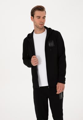 Siyah Regular Fit Pamuk Karışımlı Tam Fermuarlı Kapüşonlu Sweatshirt