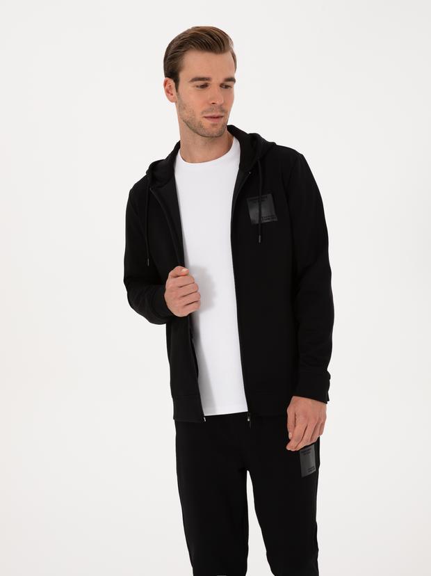 Siyah Regular Fit Pamuk Karışımlı Tam Fermuarlı Kapüşonlu Sweatshirt