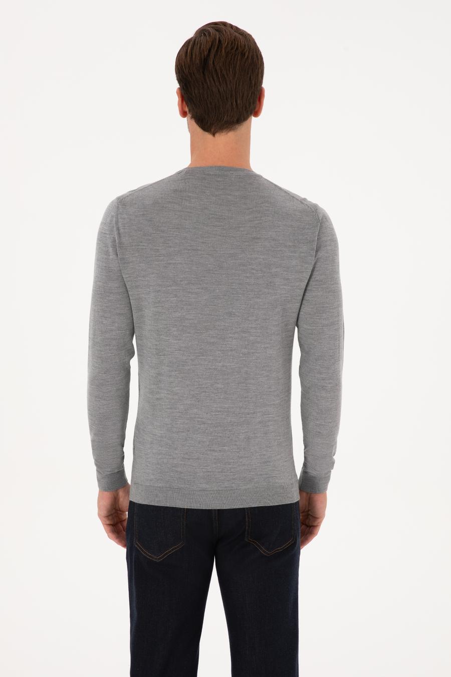 Gri Slim Fit Kaşmir İpek Karışımlı Bisiklet Yaka Triko Kazak - 50316307022