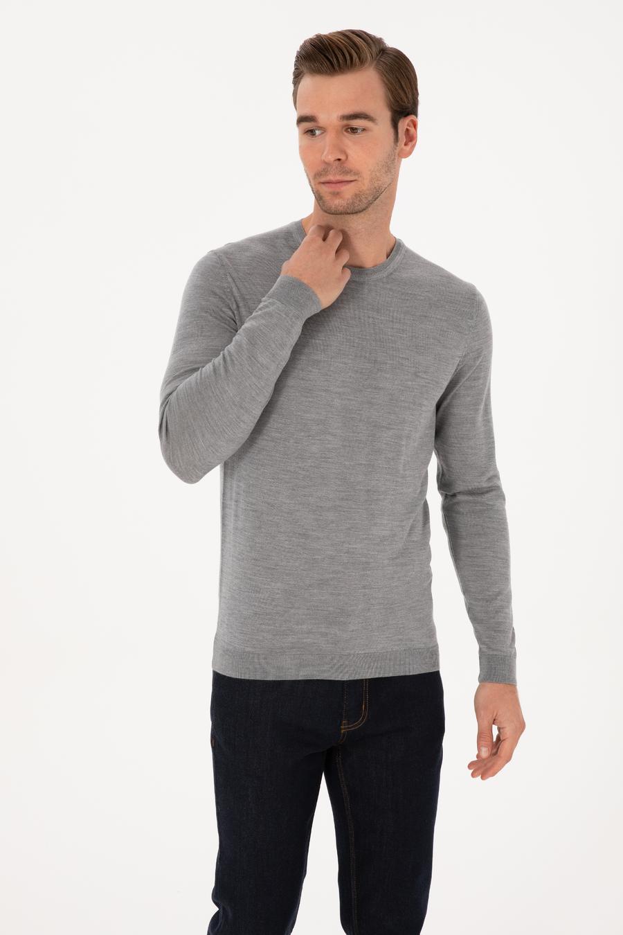 Gri Slim Fit Kaşmir İpek Karışımlı Bisiklet Yaka Triko Kazak - 50316307022