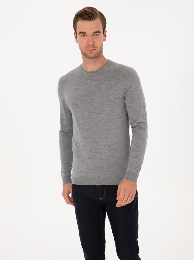 Gri Slim Fit Kaşmir İpek Karışımlı Bisiklet Yaka Triko Kazak