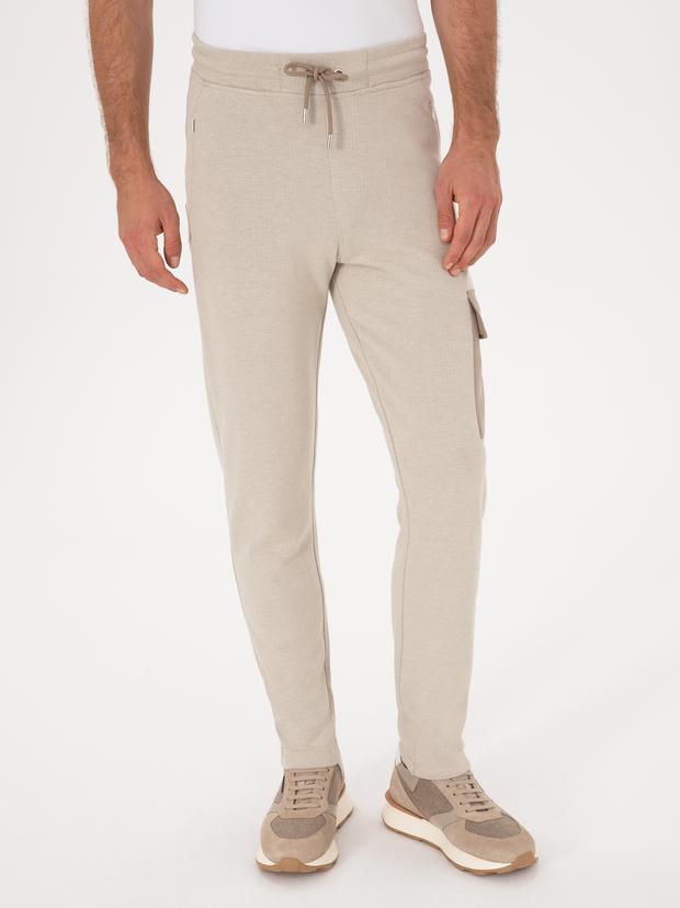 Bej Slim Fit Kargo Cepli Paçası Düz Eşofman Altı