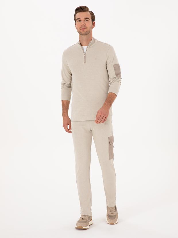 Bej Slim Fit Kargo Cepli Paçası Düz Eşofman Altı