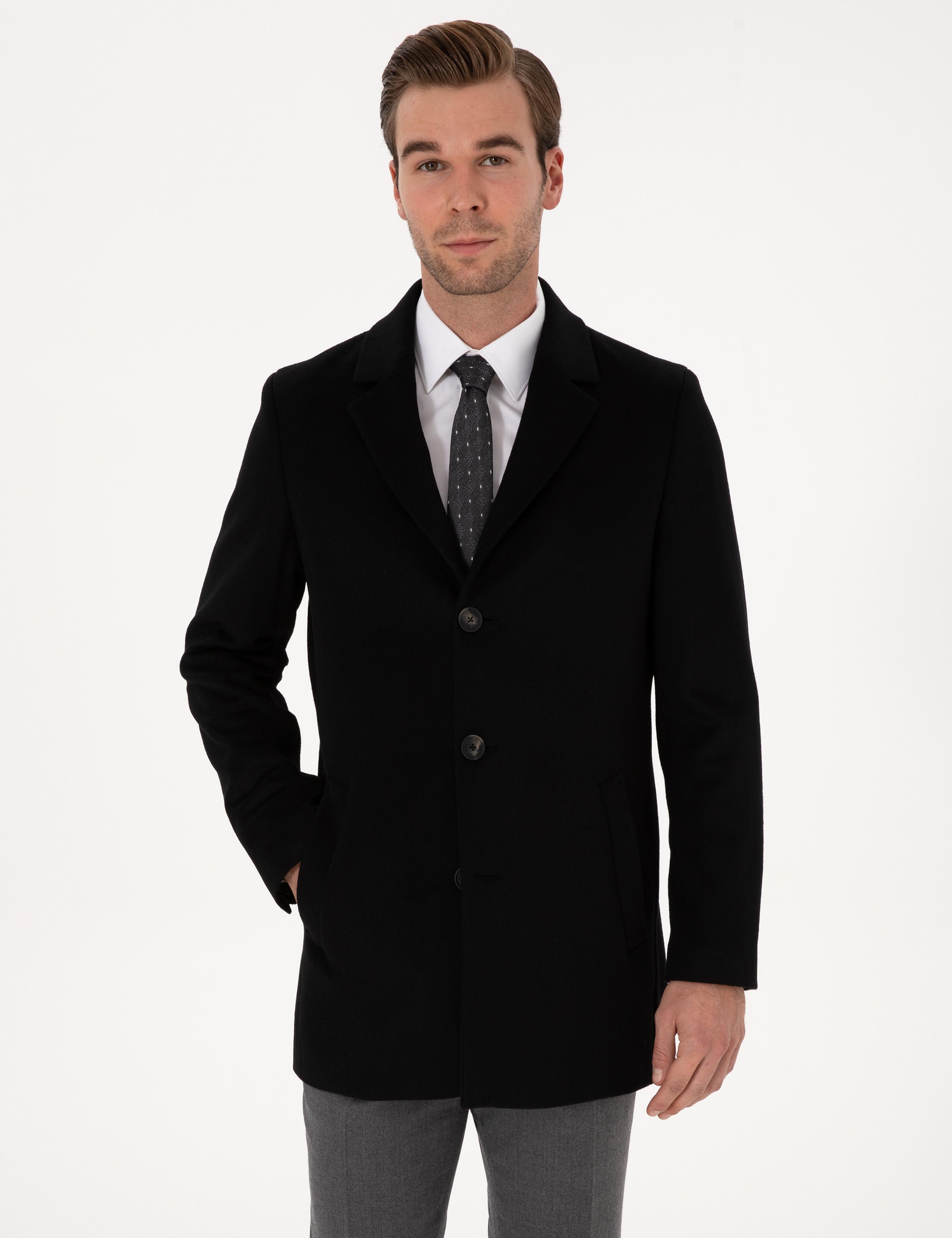 Siyah Ex Slim Fit Yün Karışımlı Palto - 50314593003