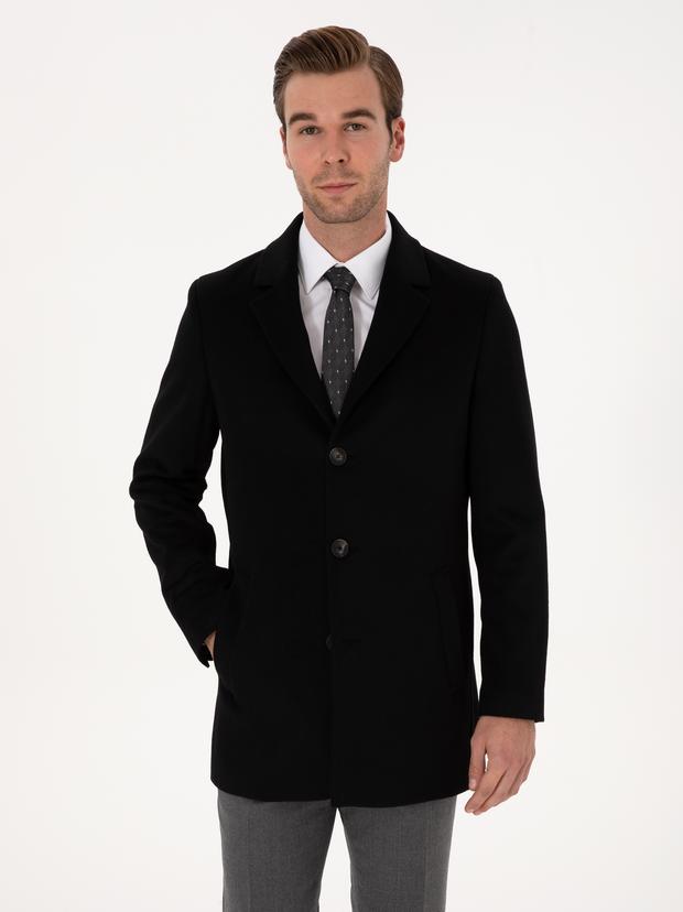 Siyah Ex Slim Fit Yün Karışımlı Palto