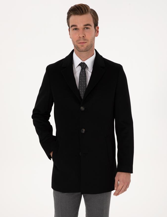 Siyah Ex Slim Fit Yün Karışımlı Palto
