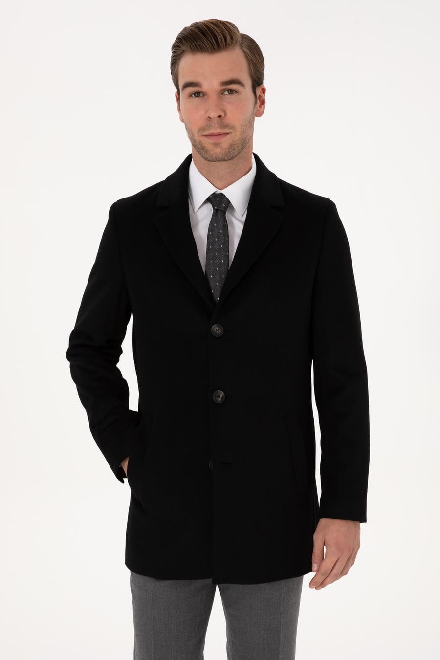 Siyah Ex Slim Fit Yün Karışımlı Palto - 50314593003