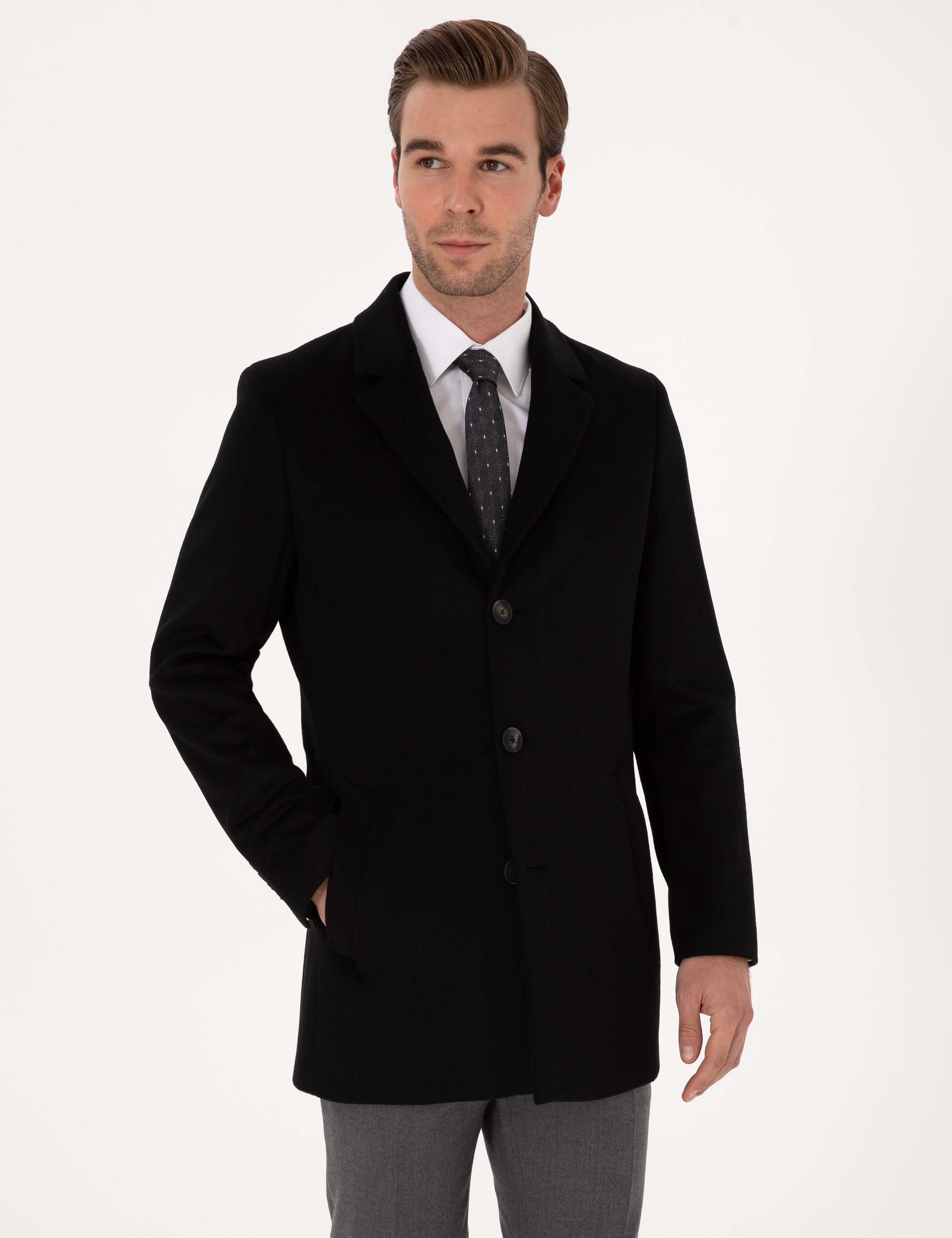 Siyah Ex Slim Fit Yün Karışımlı Palto - 50314593003