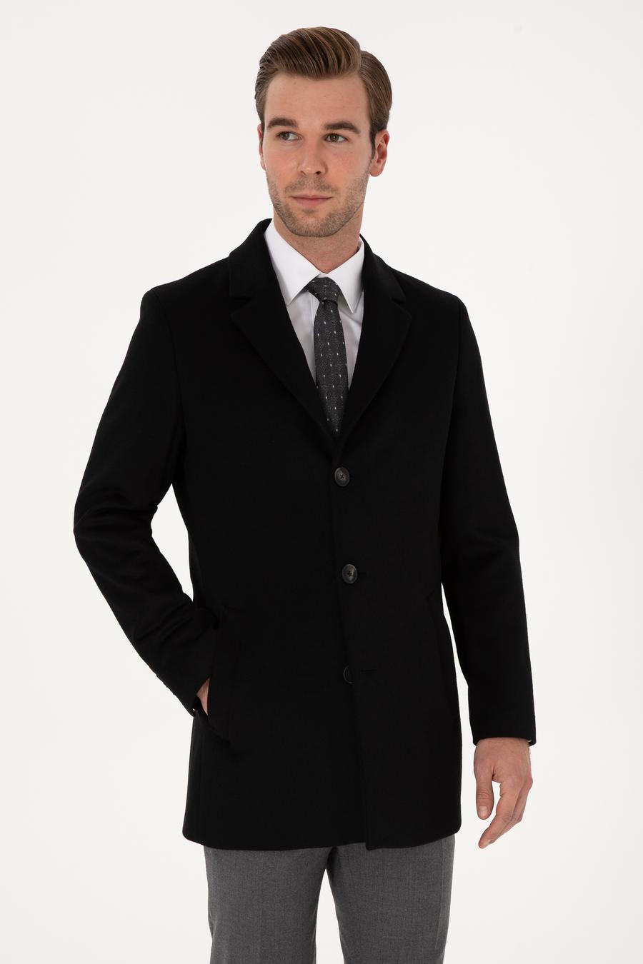 Siyah Ex Slim Fit Yün Karışımlı Palto - 50314593003
