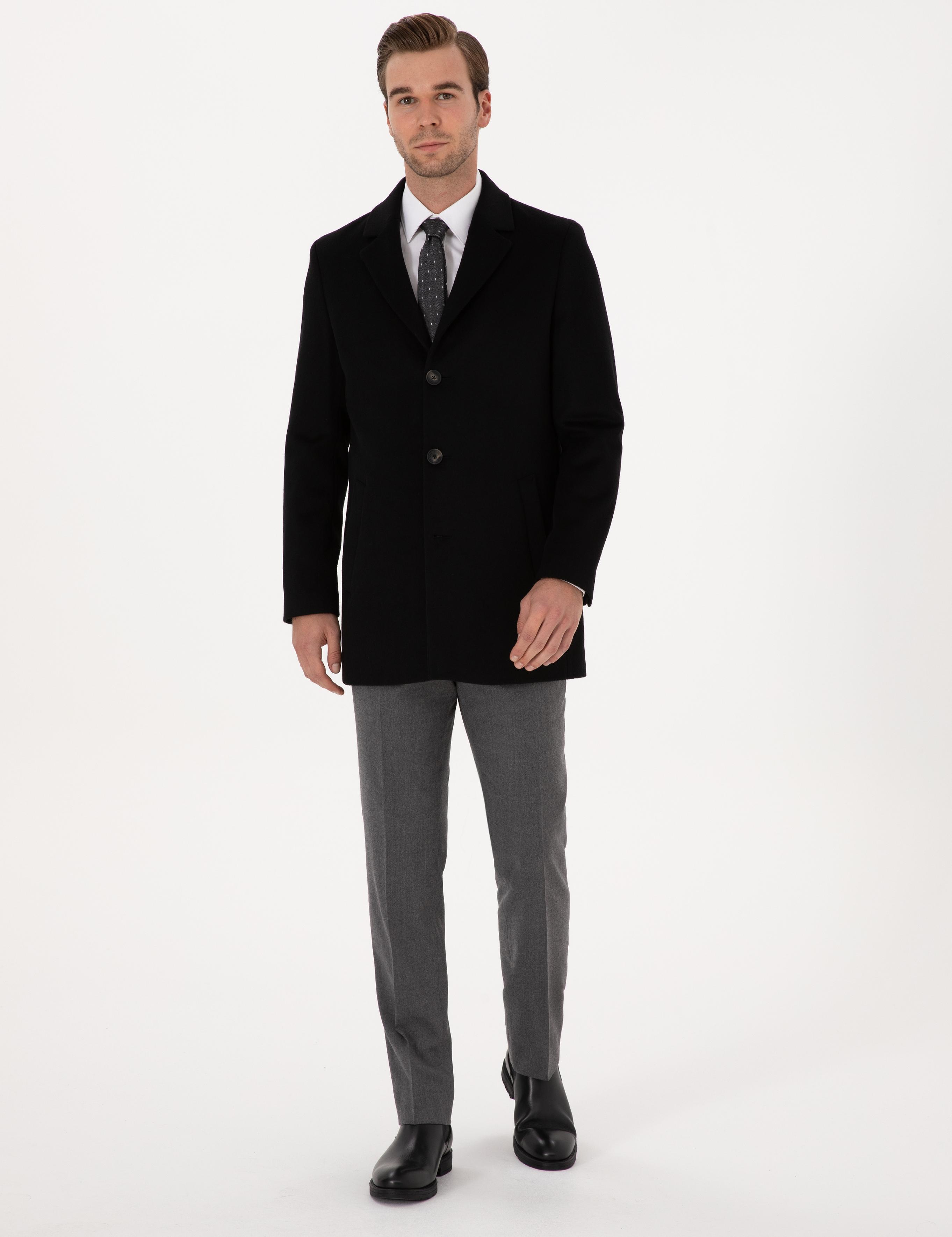 Siyah Ex Slim Fit Yün Karışımlı Palto - 50314593003
