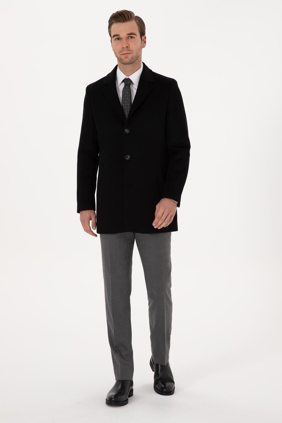 Siyah Ex Slim Fit Yün Karışımlı Palto - 50314593003