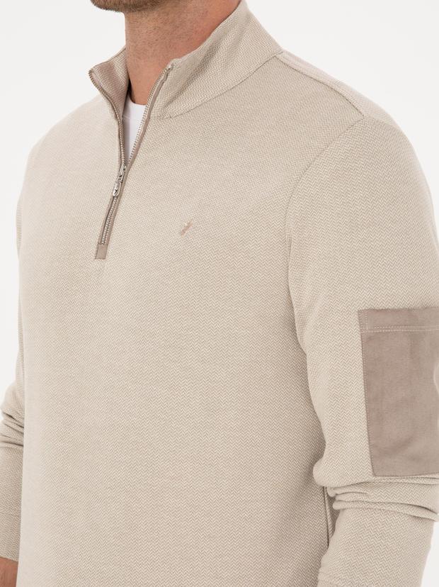 Bej Regular Fit Yarım Fermuarlı Sweatshirt
