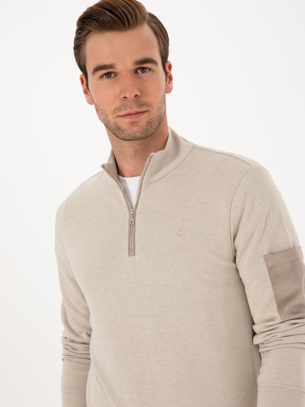 Bej Regular Fit Yarım Fermuarlı Sweatshirt