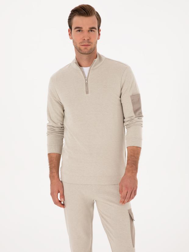Bej Regular Fit Yarım Fermuarlı Sweatshirt