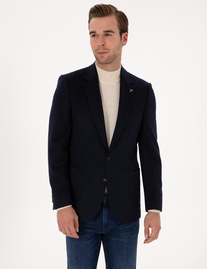 Lacivert Slim Fit %100 Kaşmir Flanel Ceket
