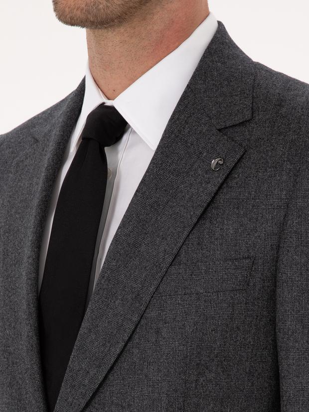 Antrasit Slim Fit %100 Yün Ekose Takım Elbise