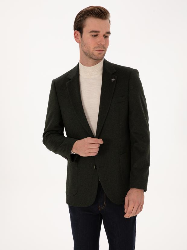 Koyu Haki Slim Fit %100 Kaşmir Flanel Ceket