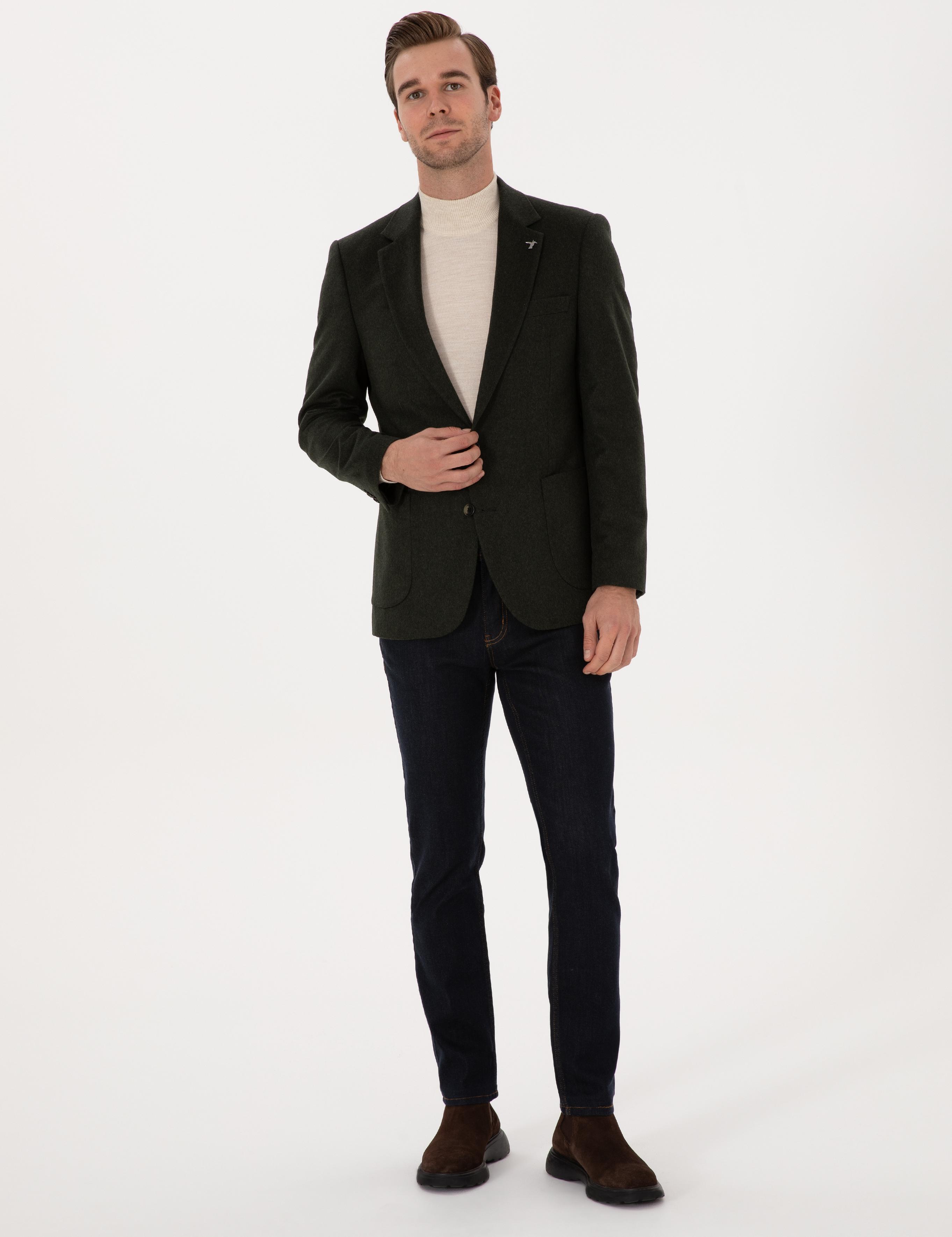 Koyu Haki Slim Fit %100 Kaşmir Flanel Ceket - 50314254242