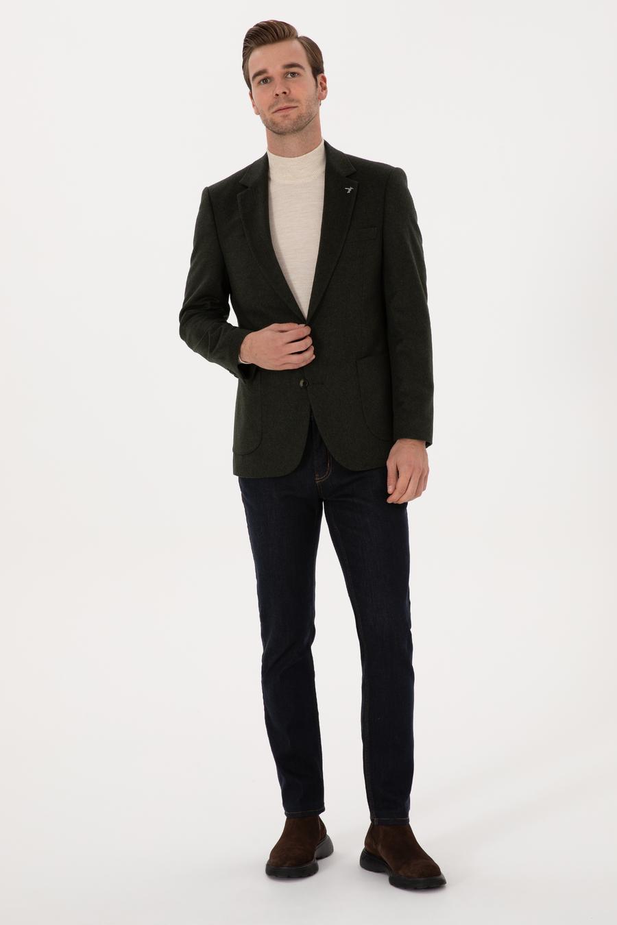 Koyu Haki Slim Fit %100 Kaşmir Flanel Ceket - 50314254242