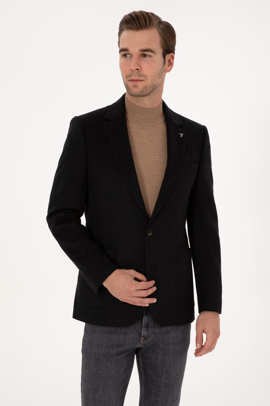 Siyah Slim Fit %100 Kaşmir Flanel Ceket - 50314254086
