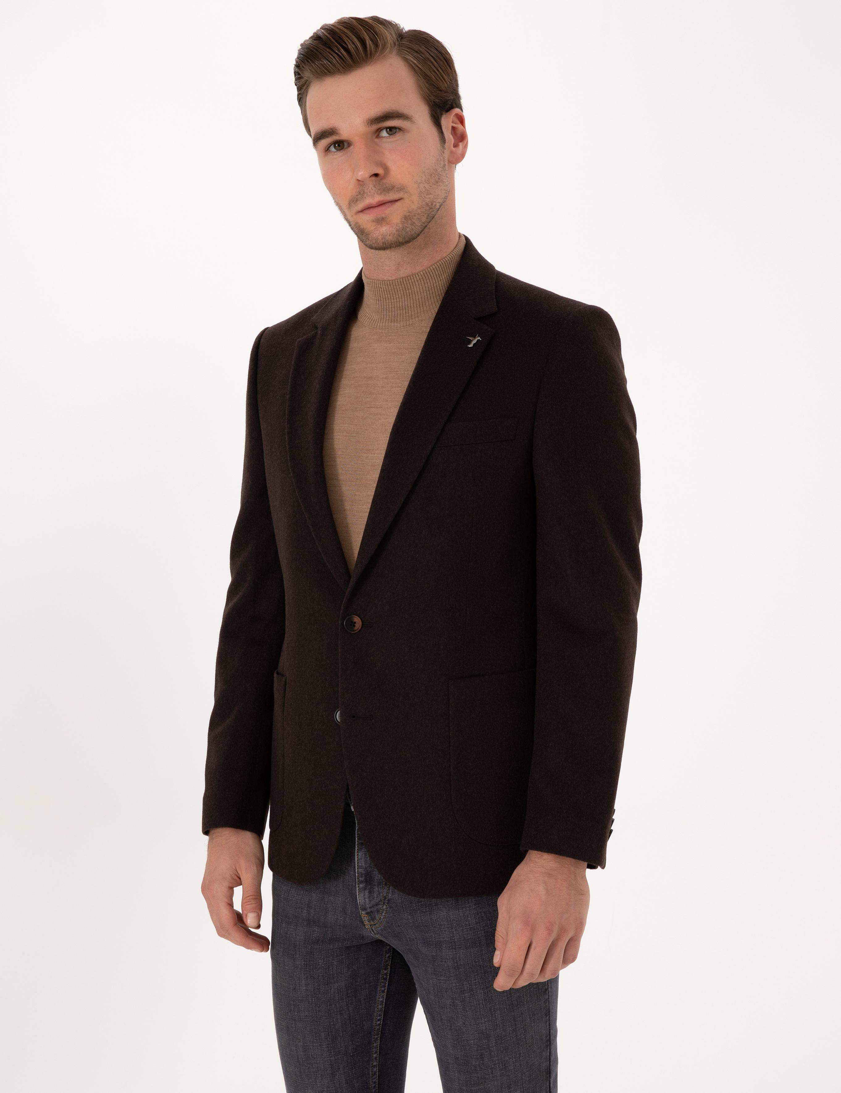 Kahverengi Slim Fit %100 Kaşmir Flanel Ceket - 50314254188