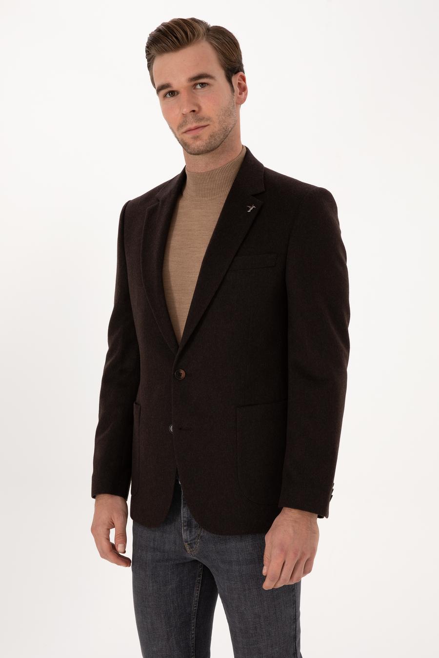 Kahverengi Slim Fit %100 Kaşmir Flanel Ceket - 50314254188