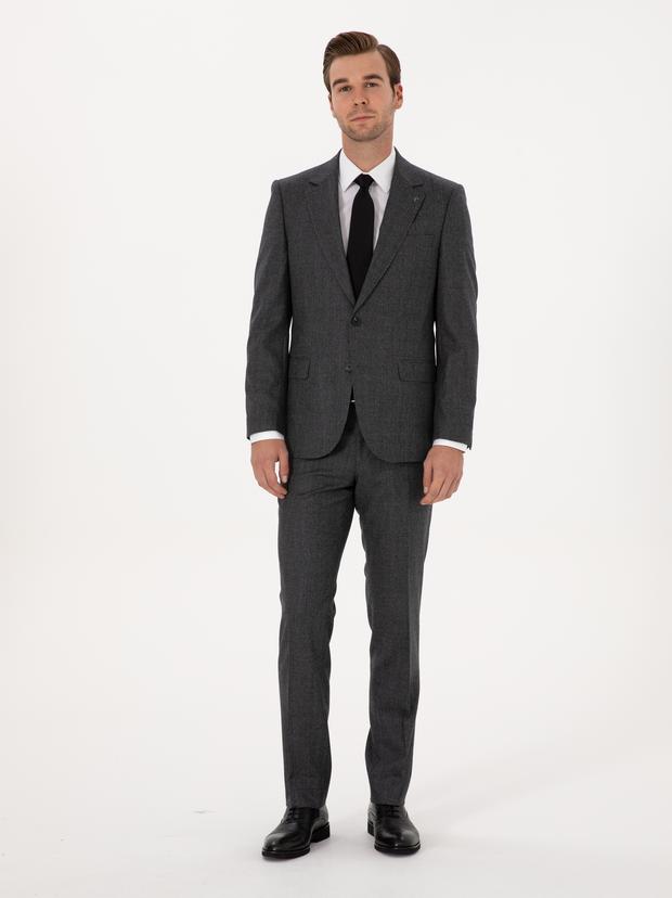 Antrasit Slim Fit %100 Yün Ekose Takım Elbise