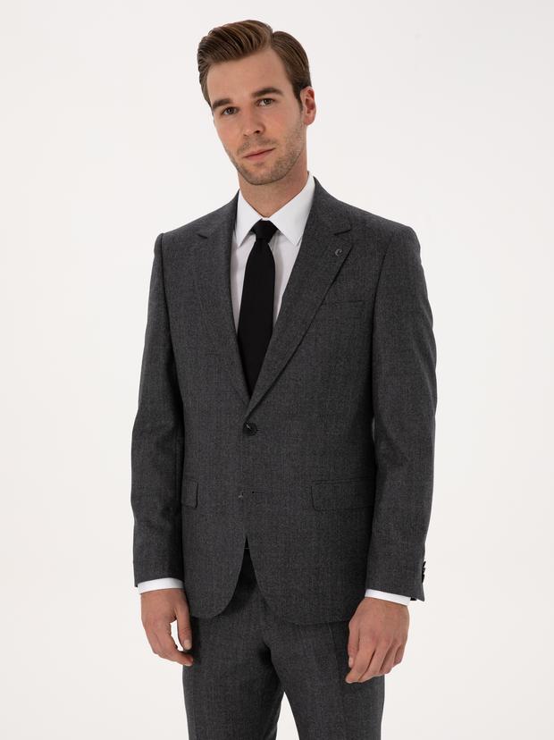 Antrasit Slim Fit %100 Yün Ekose Takım Elbise