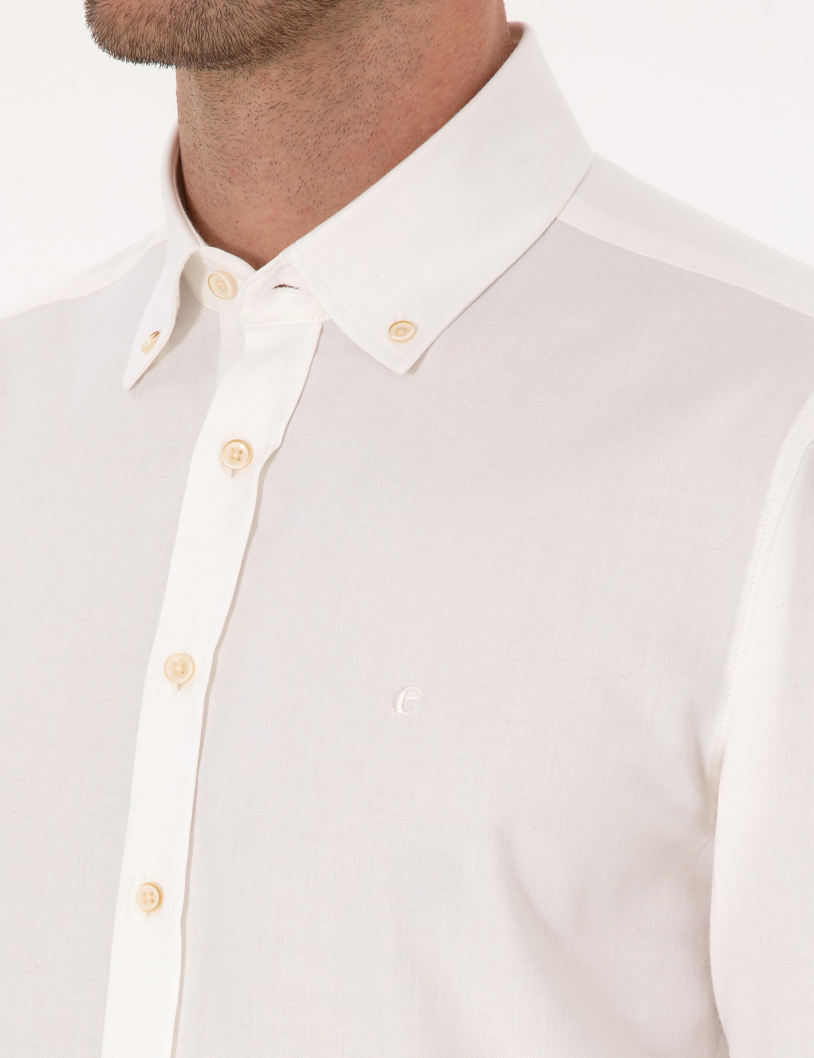 Beyaz Slim Fit %100 Pamuk Yakası Düğmeli Flanel Gömlek - 50313122155