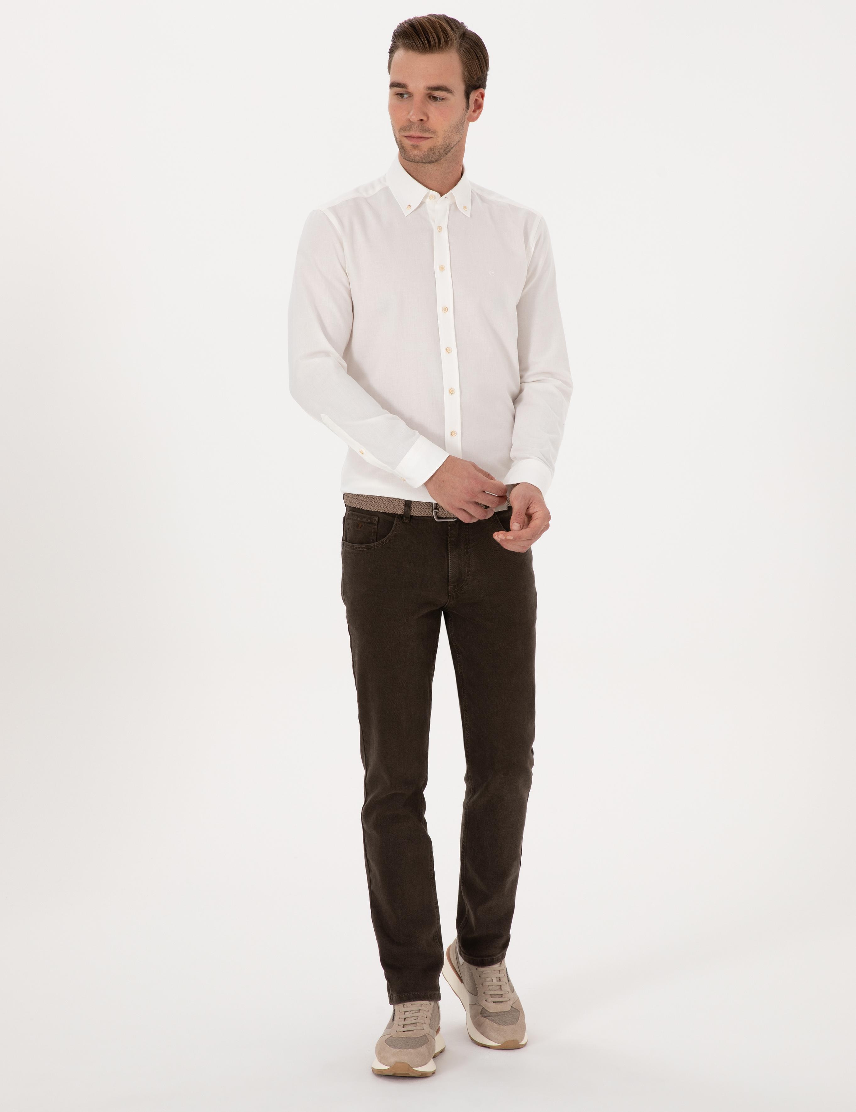 Beyaz Slim Fit %100 Pamuk Yakası Düğmeli Flanel Gömlek - 50313122155