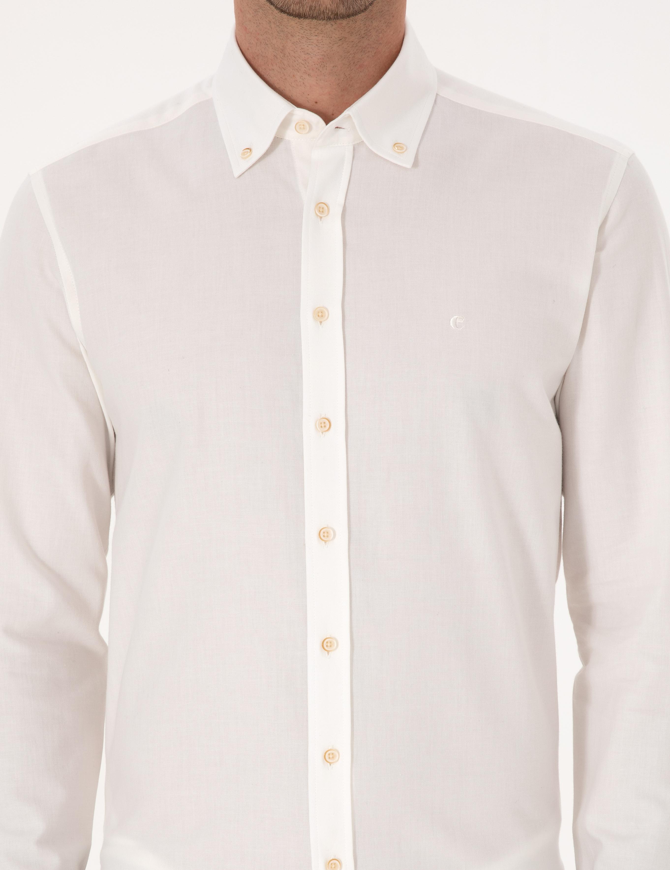 Beyaz Slim Fit %100 Pamuk Yakası Düğmeli Flanel Gömlek - 50313122155