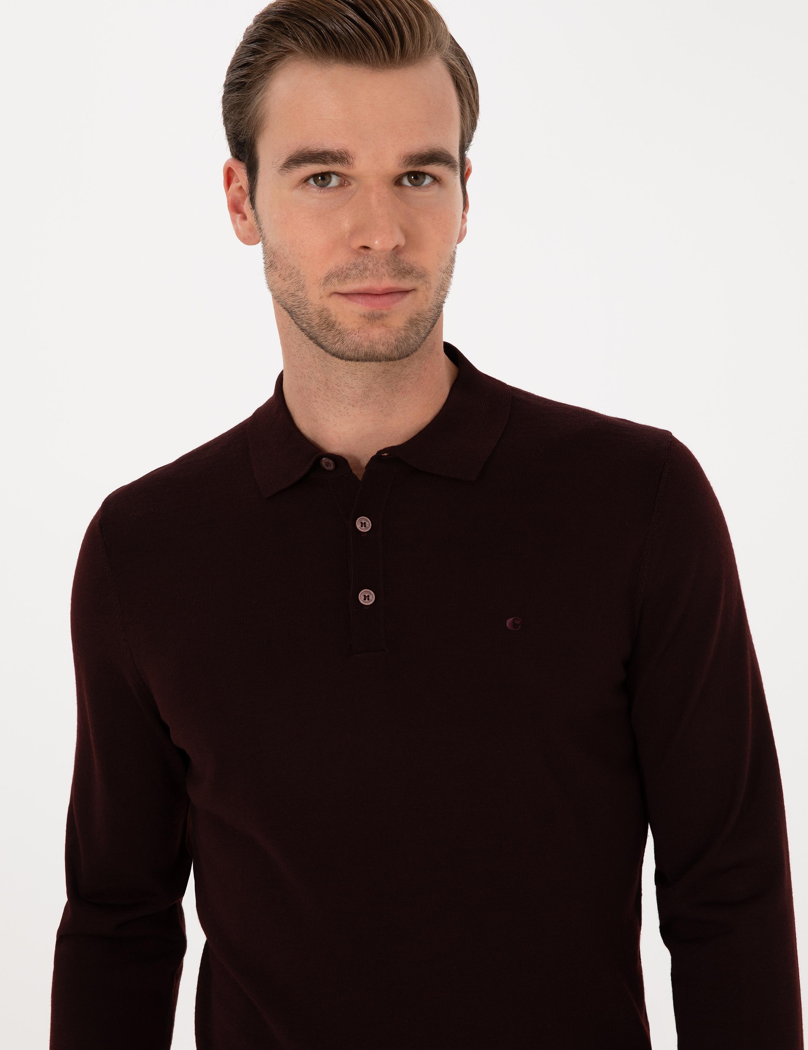 Bordo Slim Fit Yün Karışımlı Polo Yaka Basic Triko Kazak - 50315267043