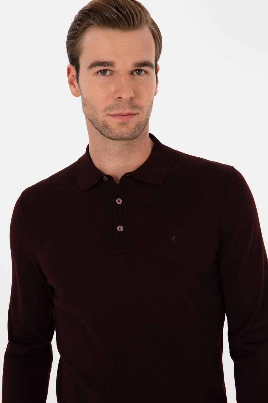 Bordo Slim Fit Yün Karışımlı Polo Yaka Basic Triko Kazak - 50315267043