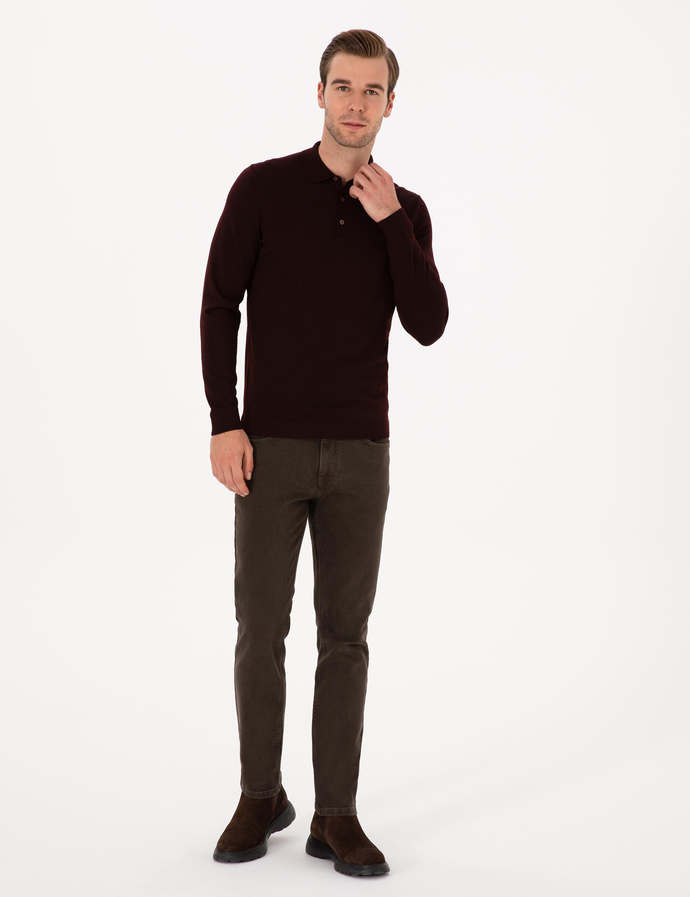 Bordo Slim Fit Yün Karışımlı Polo Yaka Basic Triko Kazak - 50315267043