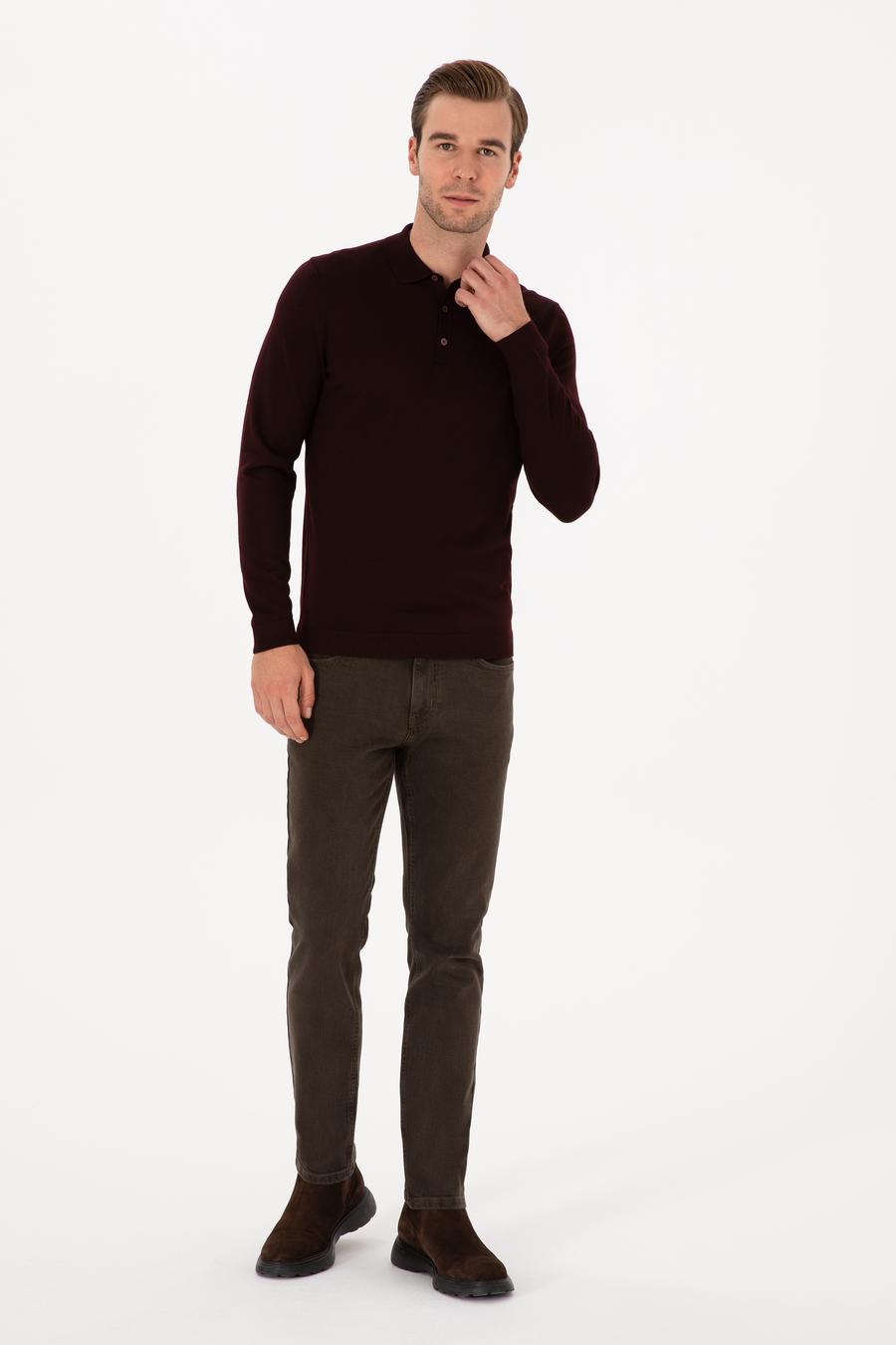 Bordo Slim Fit Yün Karışımlı Polo Yaka Basic Triko Kazak - 50315267043