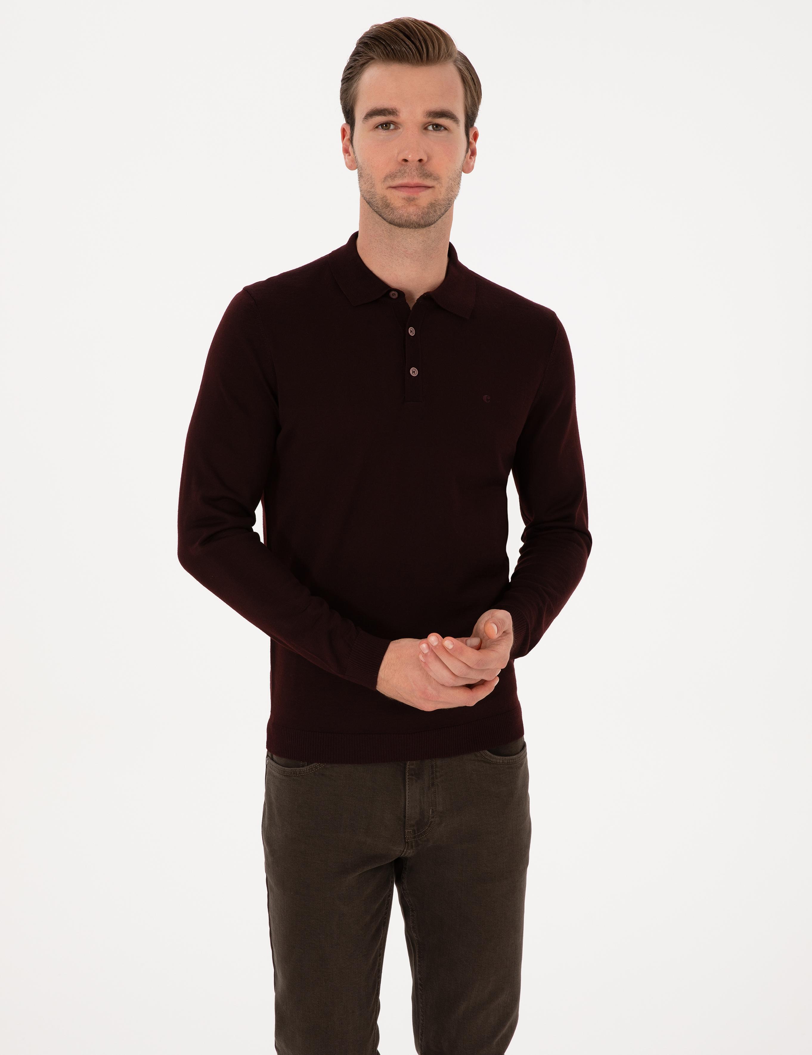 Bordo Slim Fit Yün Karışımlı Polo Yaka Basic Triko Kazak - 50315267043