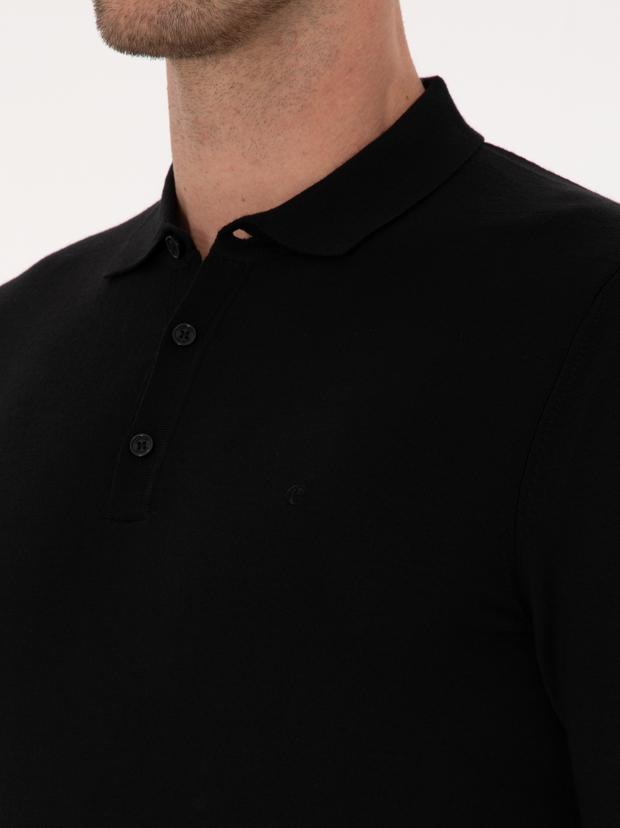 Siyah Slim Fit Yün Karışımlı Polo Yaka Basic Triko Kazak