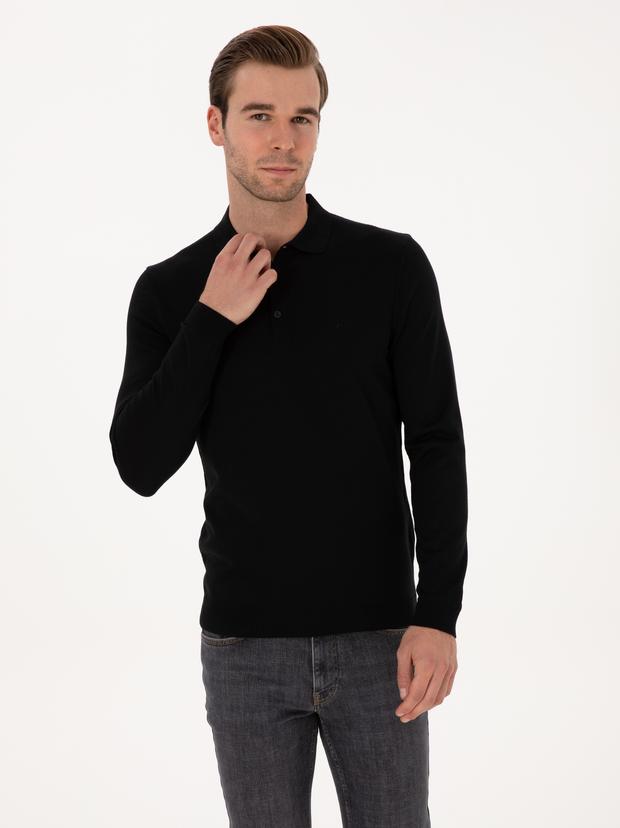 Siyah Slim Fit Yün Karışımlı Polo Yaka Basic Triko Kazak