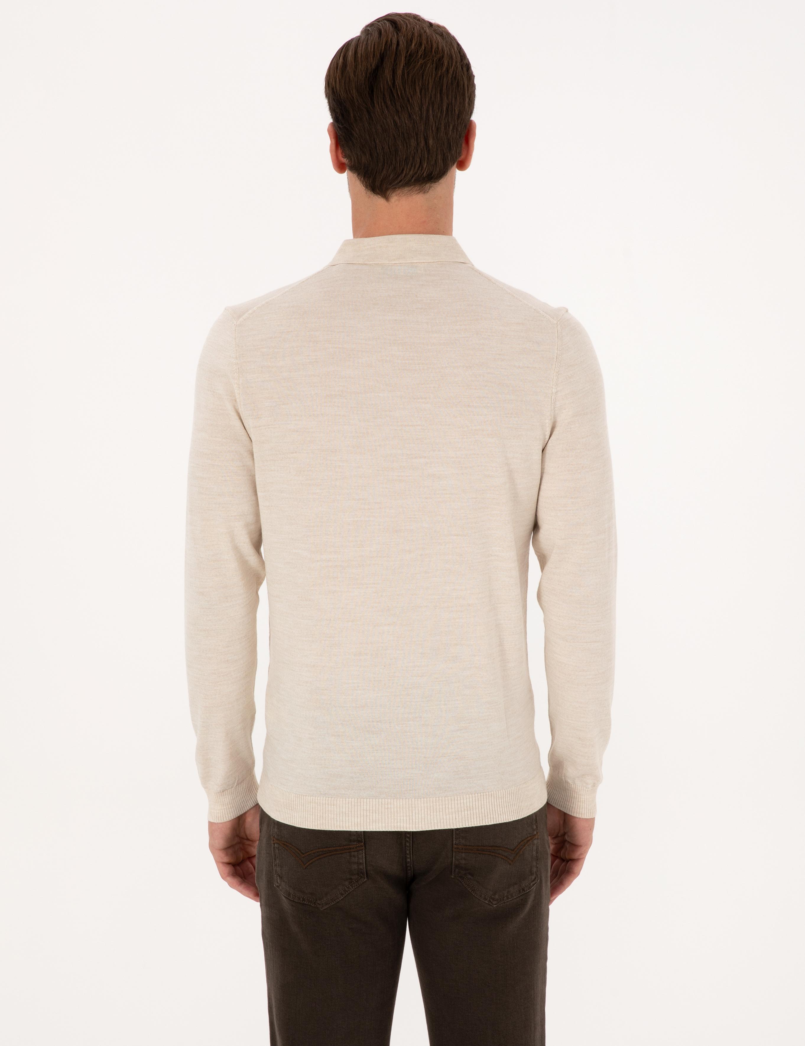 Bej Slim Fit Yün Karışımlı Polo Yaka Basic Triko Kazak - 50315267036