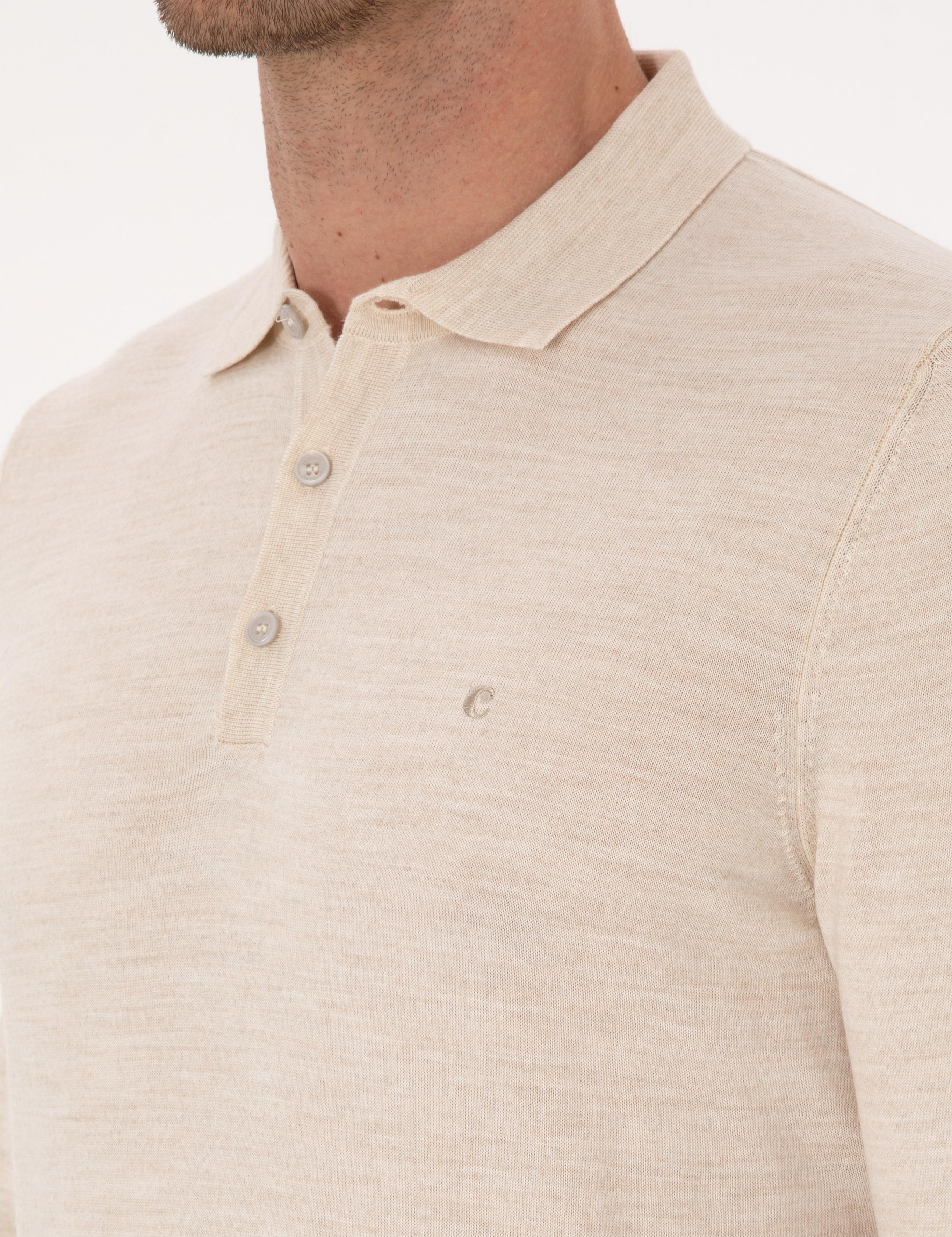 Bej Slim Fit Yün Karışımlı Polo Yaka Basic Triko Kazak - 50315267036