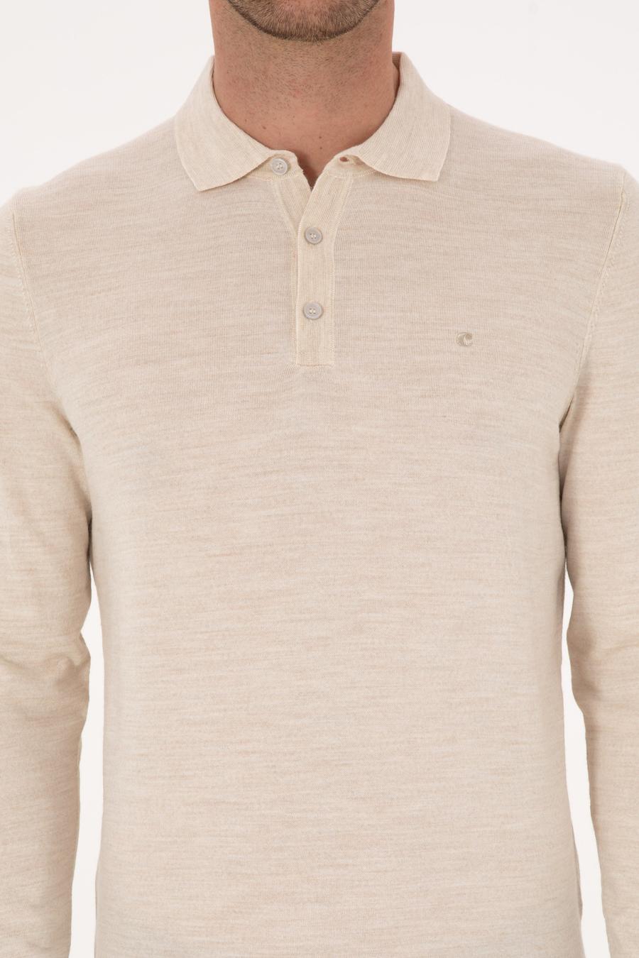Bej Slim Fit Yün Karışımlı Polo Yaka Basic Triko Kazak - 50315267036