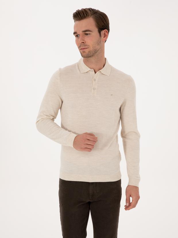 Bej Slim Fit Yün Karışımlı Polo Yaka Basic Triko Kazak
