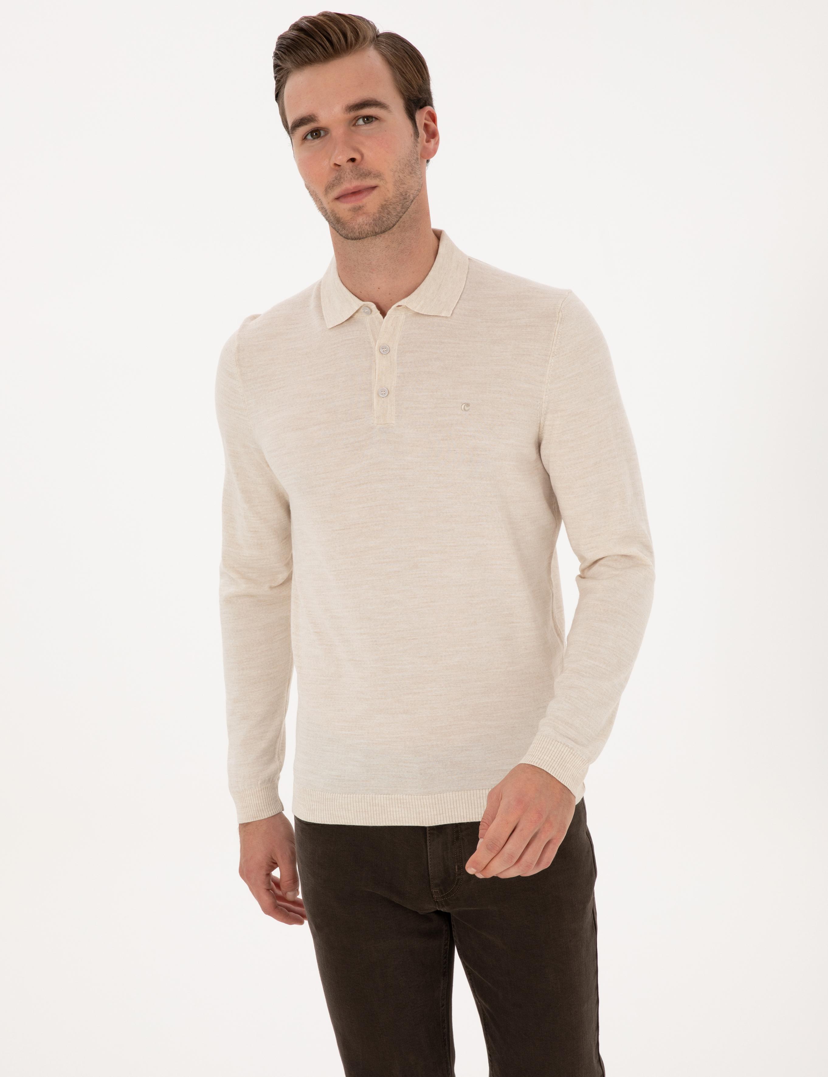 Bej Slim Fit Yün Karışımlı Polo Yaka Basic Triko Kazak - 50315267036