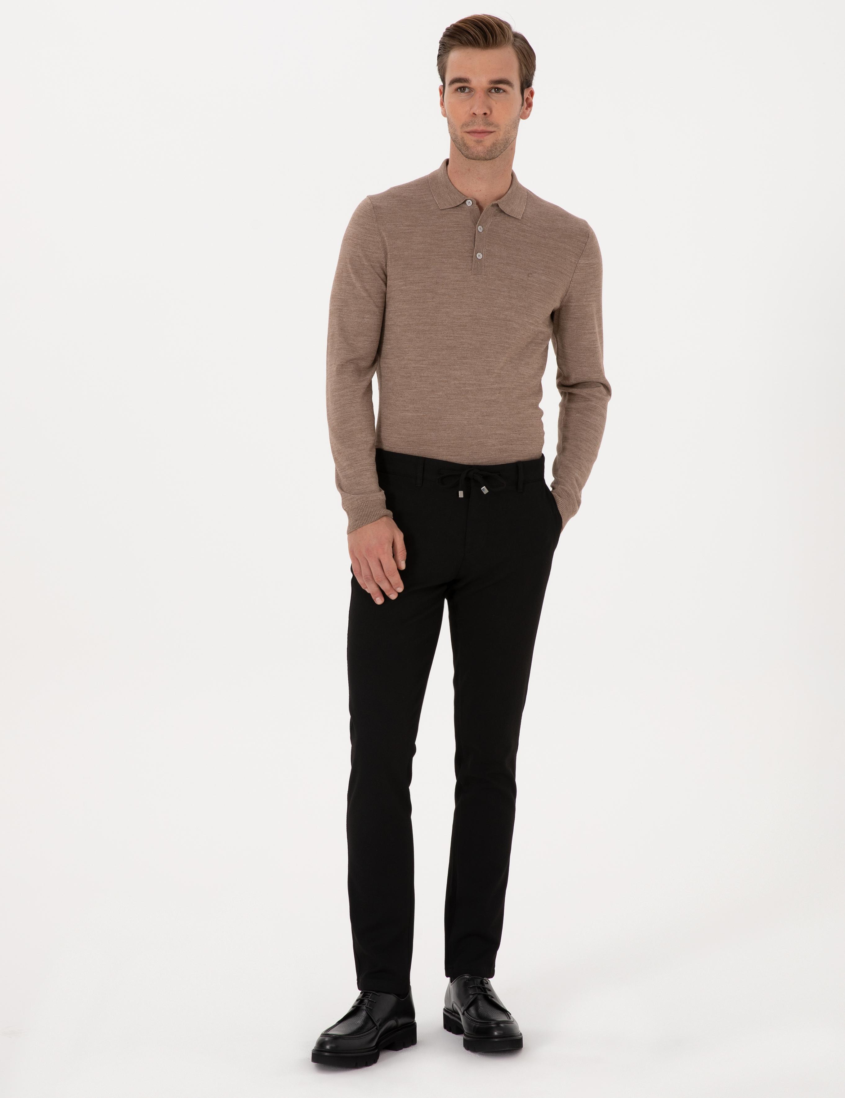 Siyah Slim Fit Beli Bağcıklı Kanvas Pantolon - 50308731093