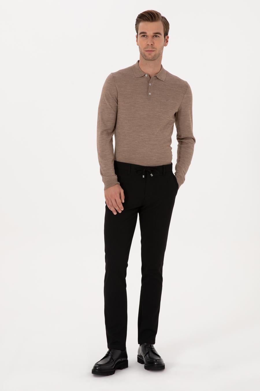 Siyah Slim Fit Beli Bağcıklı Kanvas Pantolon - 50308731093