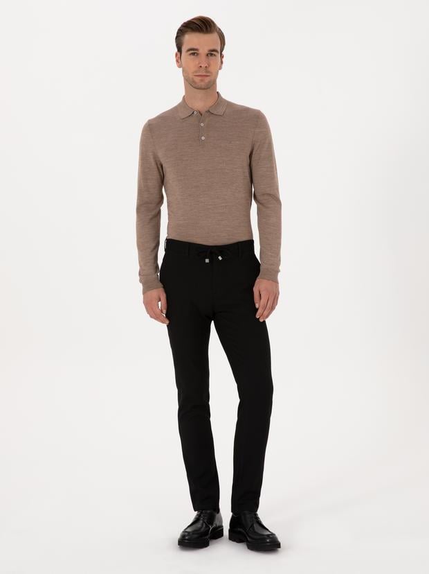 Siyah Slim Fit Beli Bağcıklı Kanvas Pantolon