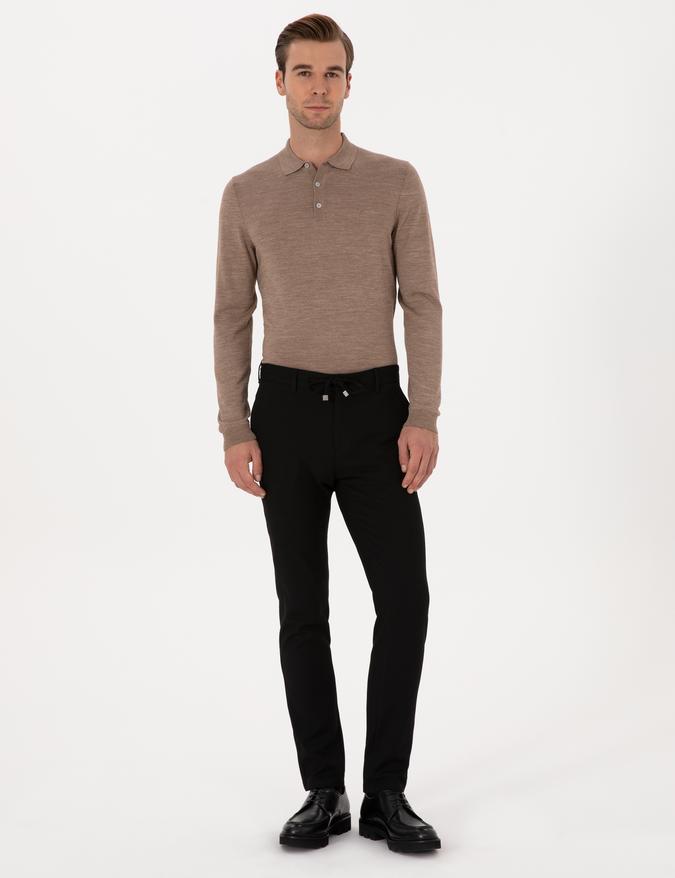 Siyah Slim Fit Beli Bağcıklı Kanvas Pantolon