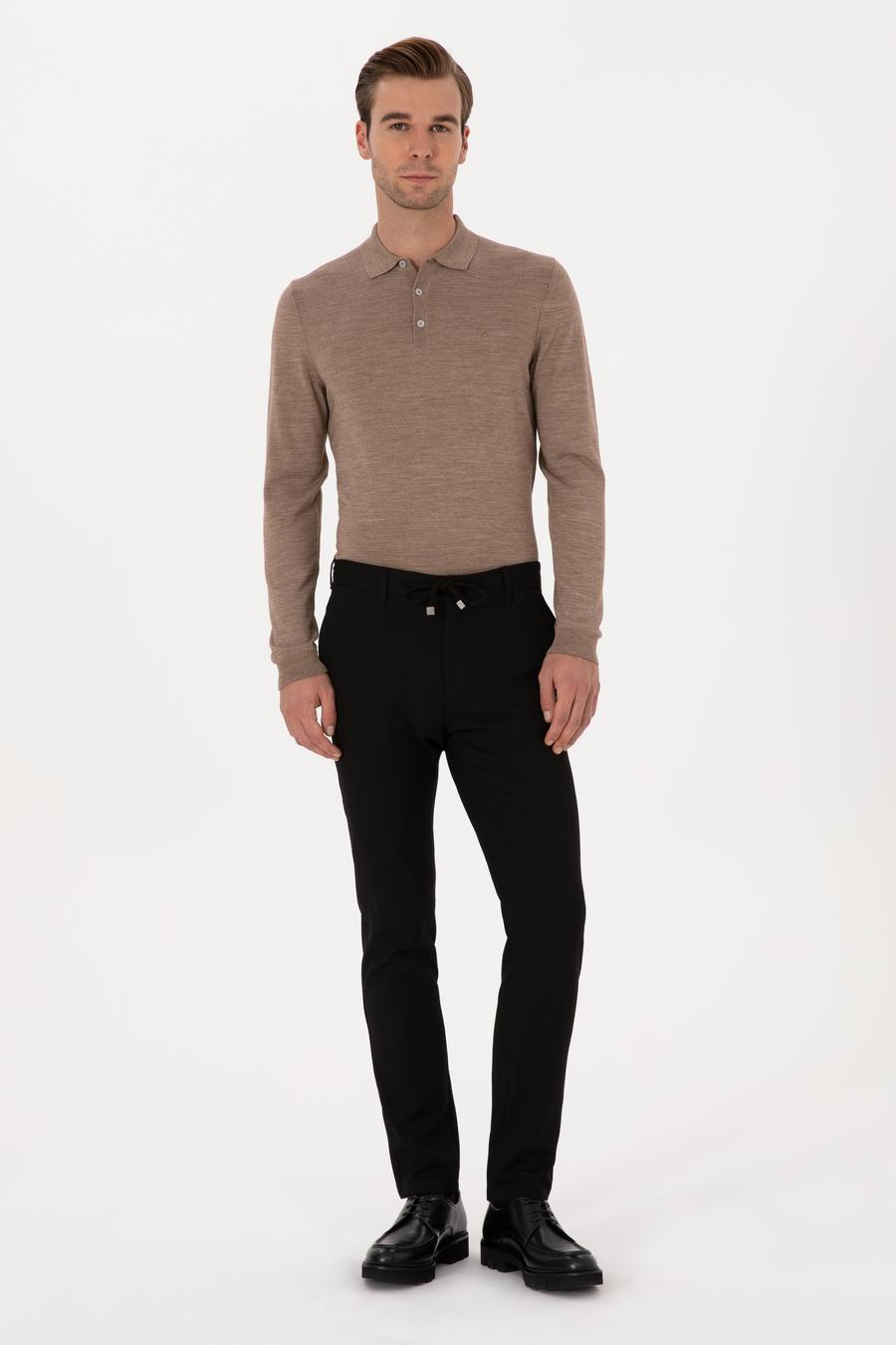 Siyah Slim Fit Beli Bağcıklı Kanvas Pantolon - 50308731093