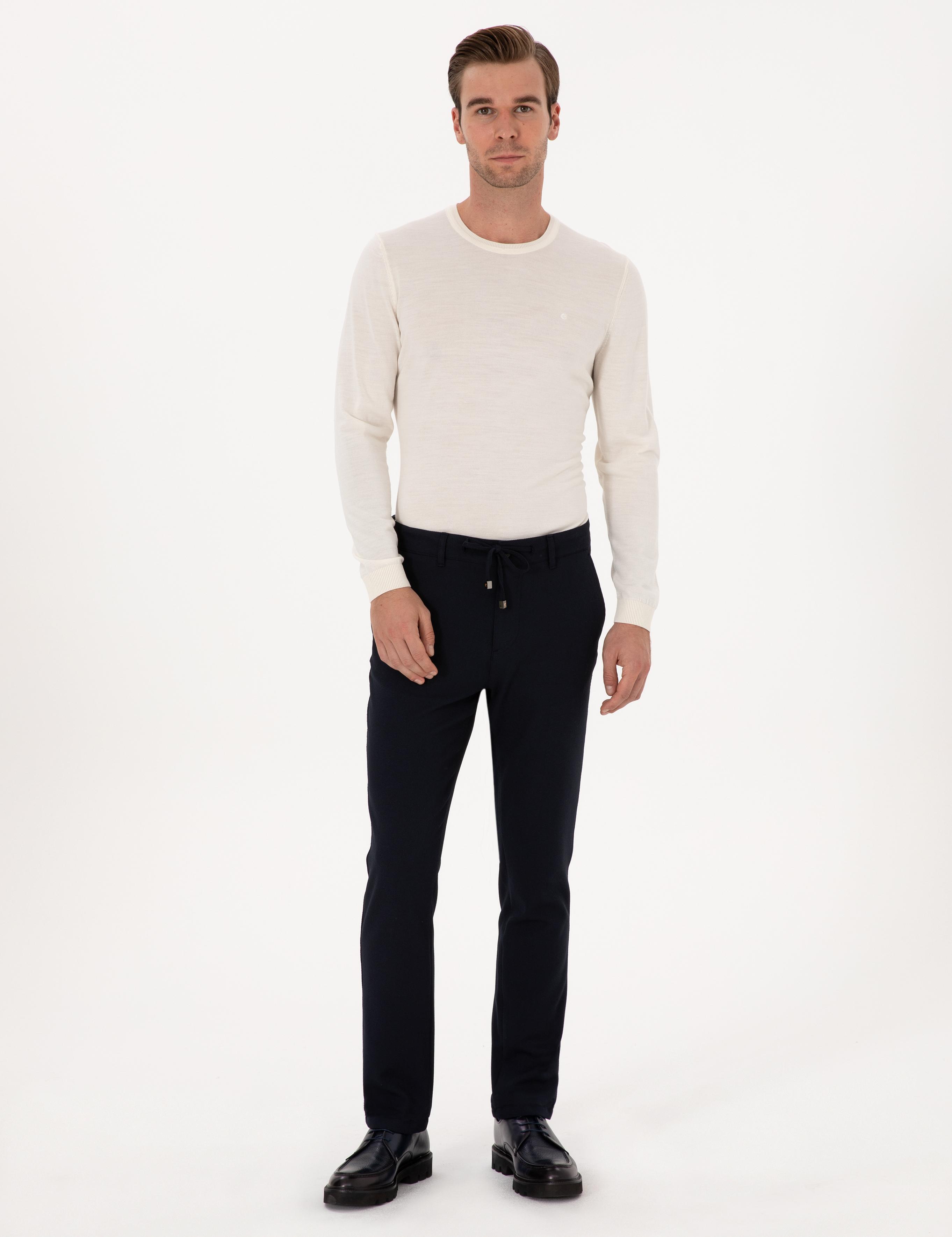 Lacivert Slim Fit Beli Bağcıklı Kanvas Pantolon - 50308731038